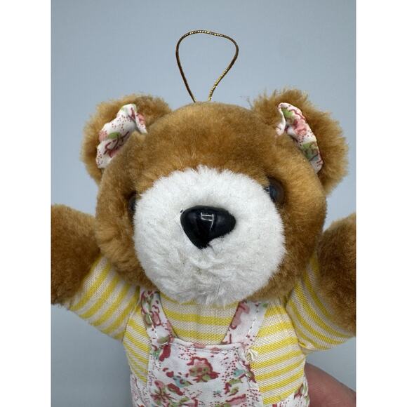Small Teddy Bear Plush Ornament 7 Inch Stuffed Animal Floral Overalls No Tag - Picture 4 of 4